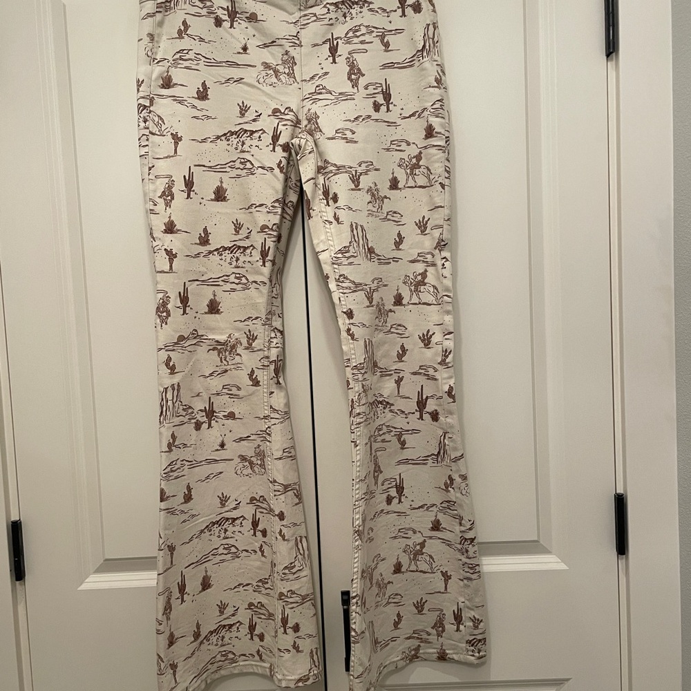 We The Free Cream and Brown Scenic Western Print Flare Pants